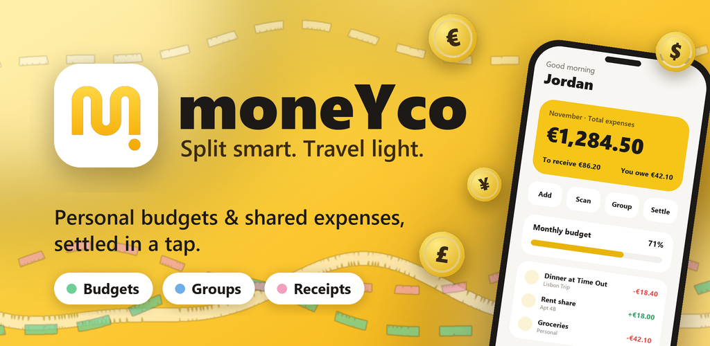 moneYco app: Split smart. Travel light. Personal budgets and shared expenses with Budgets, Groups and Receipts.